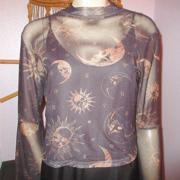 Cosmic Sheer Mesh Sun & Moon Skull Crop Top Size M Celestial Goth Witchy Emo Y2K - Picture 3 of 11